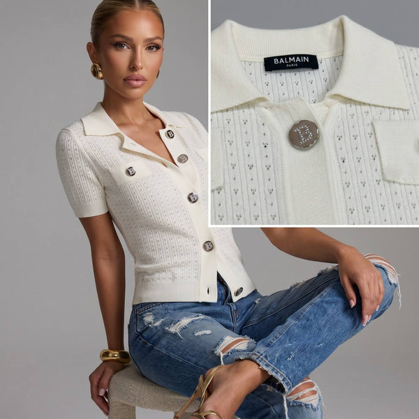Balmain Cream Knit Short-Sleeve Cardigan with Silver Logo Buttons 🤍✨