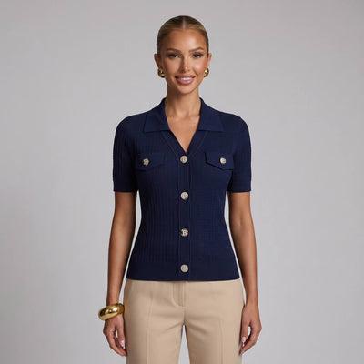 Balmain Navy Ribbed Knit Polo Shirt with Silver Buttons 💙✨ - MASTERPIECE