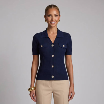 Balmain Navy Ribbed Knit Polo Shirt with Silver Buttons 💙✨ - MASTERPIECE