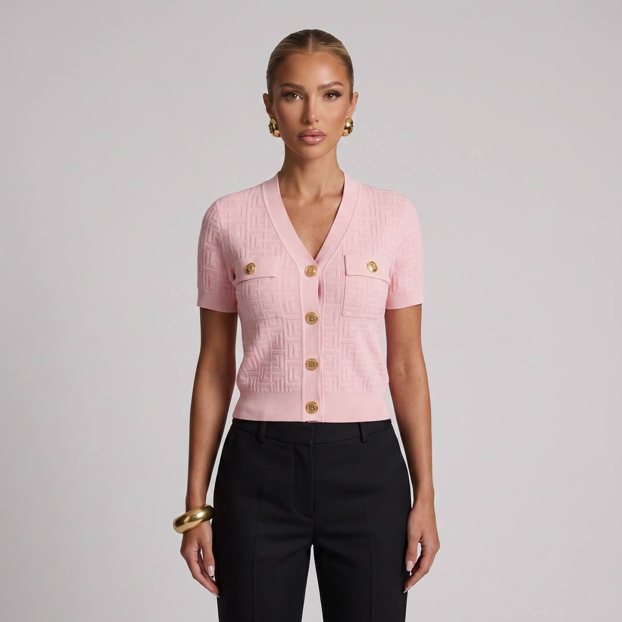 Balmain Pink Monogram Knit Cardigan Shirt with Gold Buttons 🌸✨ - MASTERPIECE