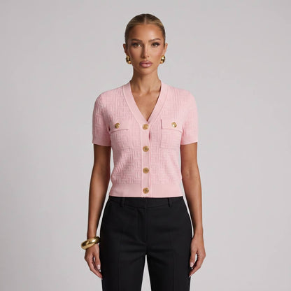 Balmain Pink Monogram Knit Cardigan Shirt with Gold Buttons 🌸✨ - MASTERPIECE