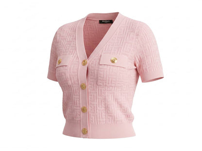 Balmain Pink Monogram Knit Cardigan Shirt with Gold Buttons 🌸✨ - MASTERPIECE