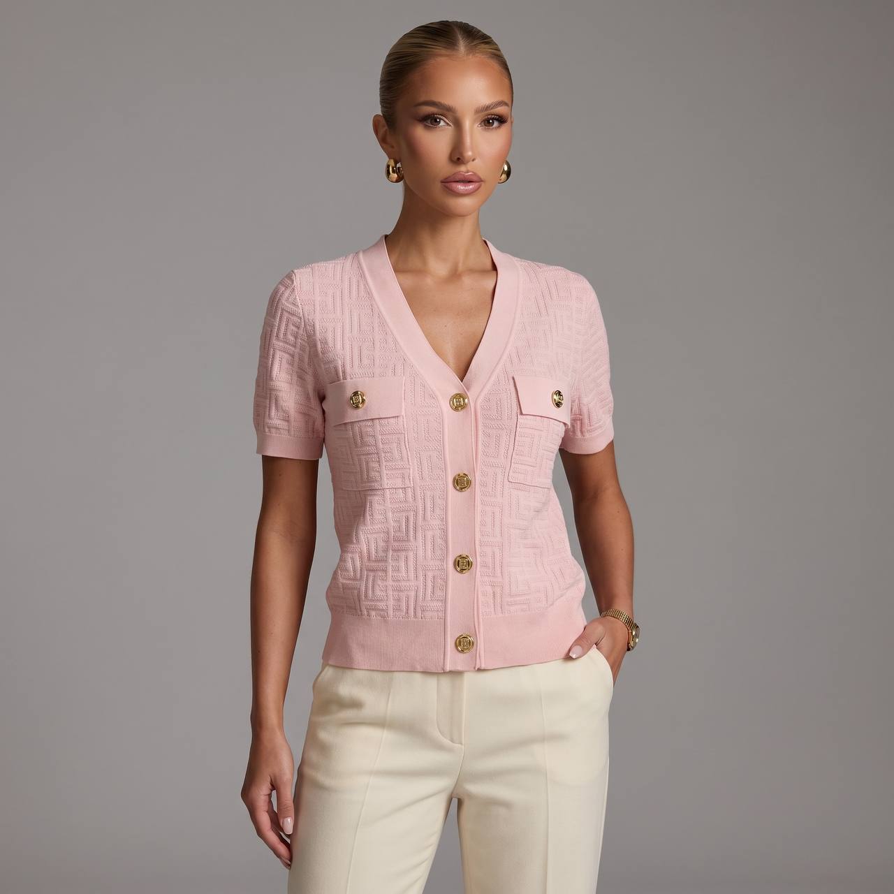 Balmain Pink Monogram Knit Cardigan Shirt with Gold Buttons 🌸✨ - MASTERPIECE