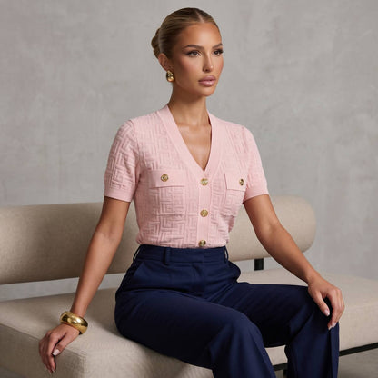 Balmain Pink Monogram Knit Cardigan Shirt with Gold Buttons 🌸✨ - MASTERPIECE