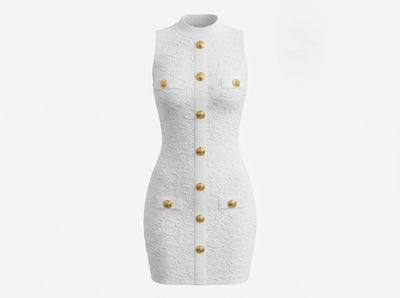 Balmain-Style White Embossed Button Mini Dress 🤍✨ - MASTERPIECE