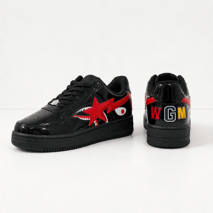 BAPE-Style Sneakers with Red Star Graphic — Black