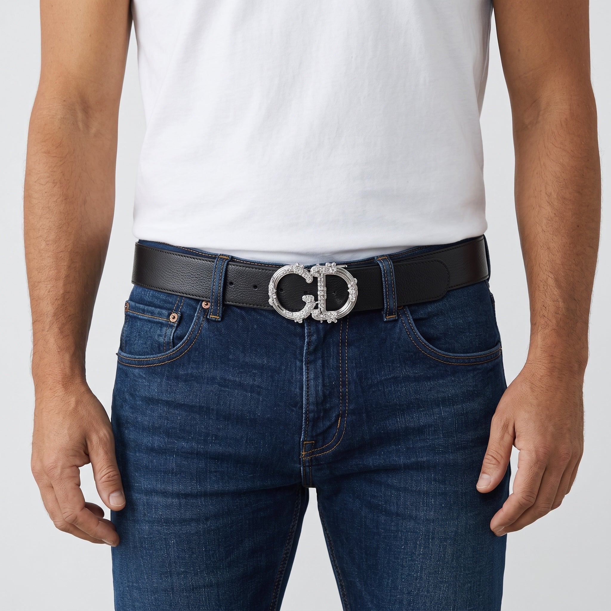 Black Dolce & Gabbana belt with crystal DG logo buckle worn with jeans