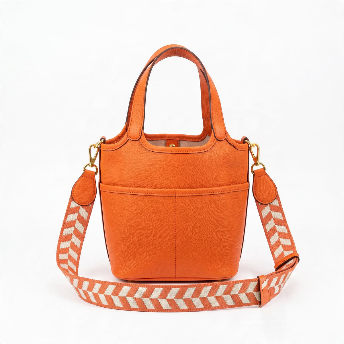 orange structured tote bag with detachable chevron strap and gold hardware