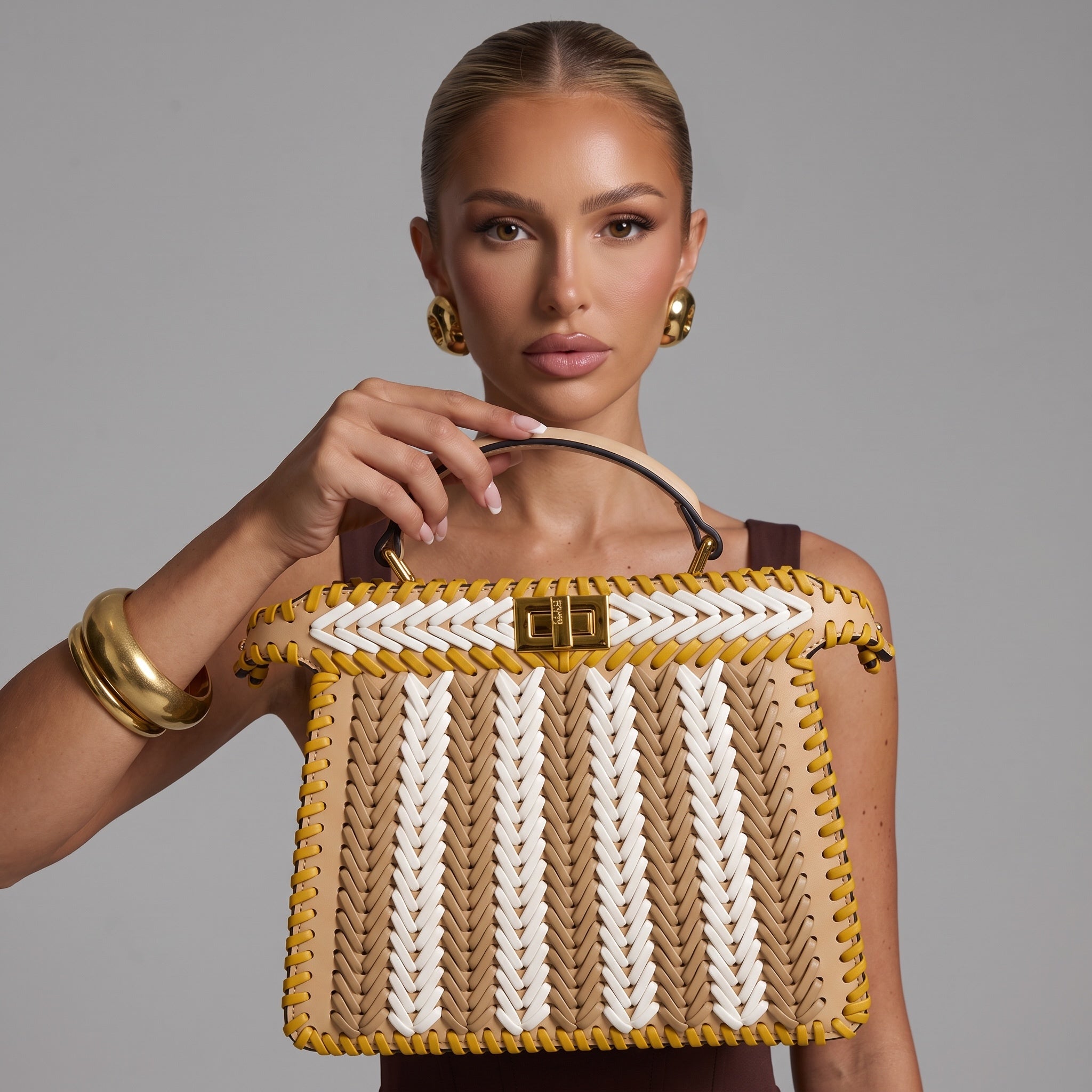 Beige white and yellow woven Fendi top-handle bag with gold turn-lock
