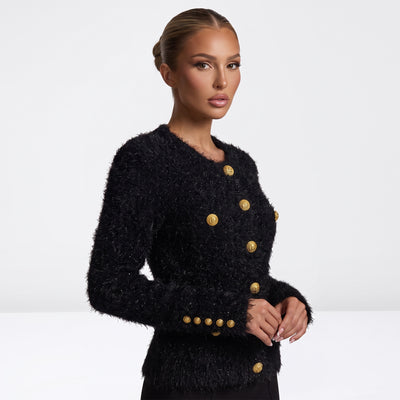 Balmain cropped black textured jacket with gold buttons