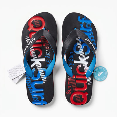 black flip flops with blue and red printed footbed and black straps reading QuickSurf