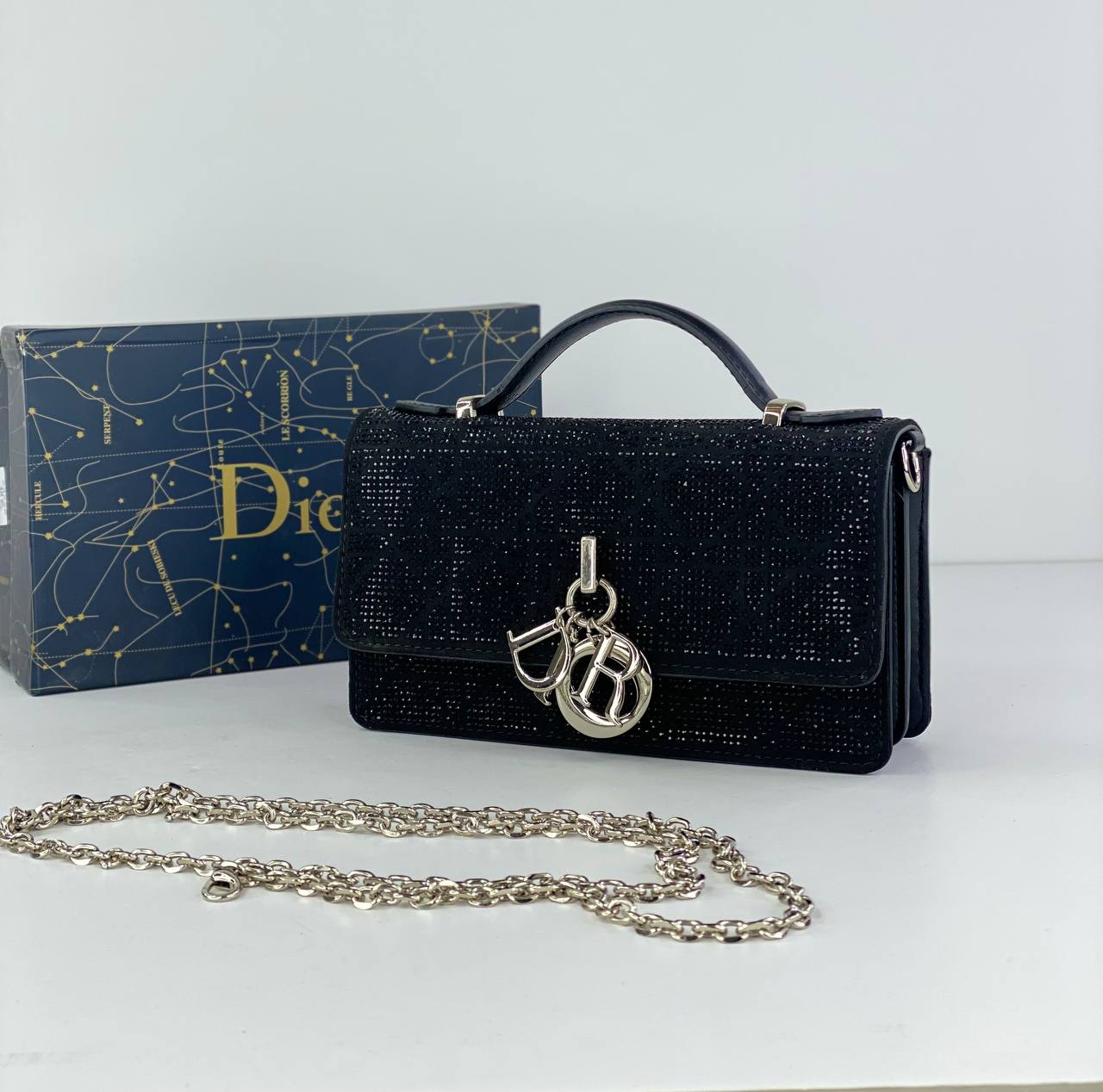 Dior Lady Dior Evening Bag in Black with Rhinestone Detailing