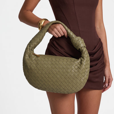 Olive intrecciato hobo bag with knotted shoulder handle and gold zipper