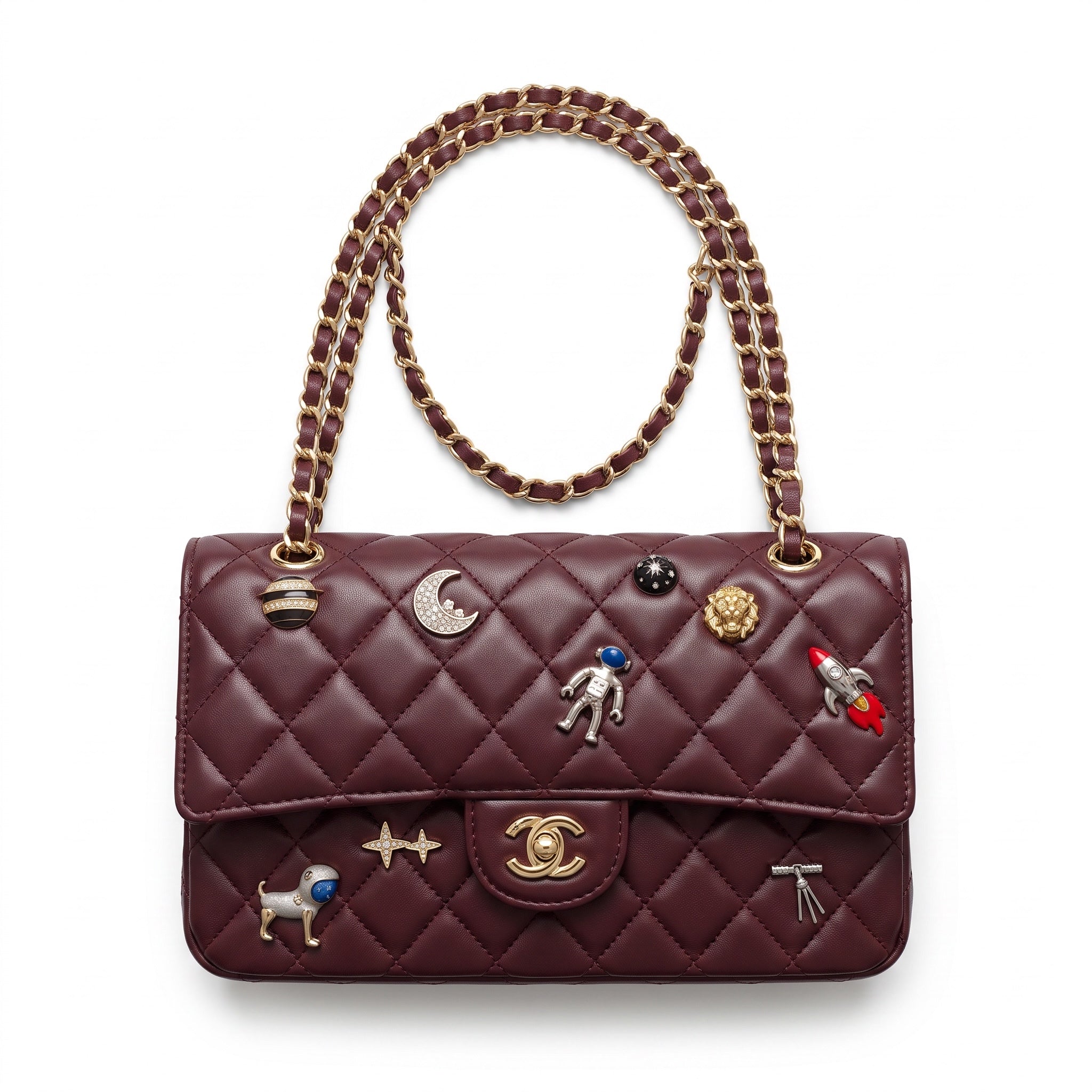 Chanel burgundy quilted flap shoulder bag with gold chain strap and charm pins