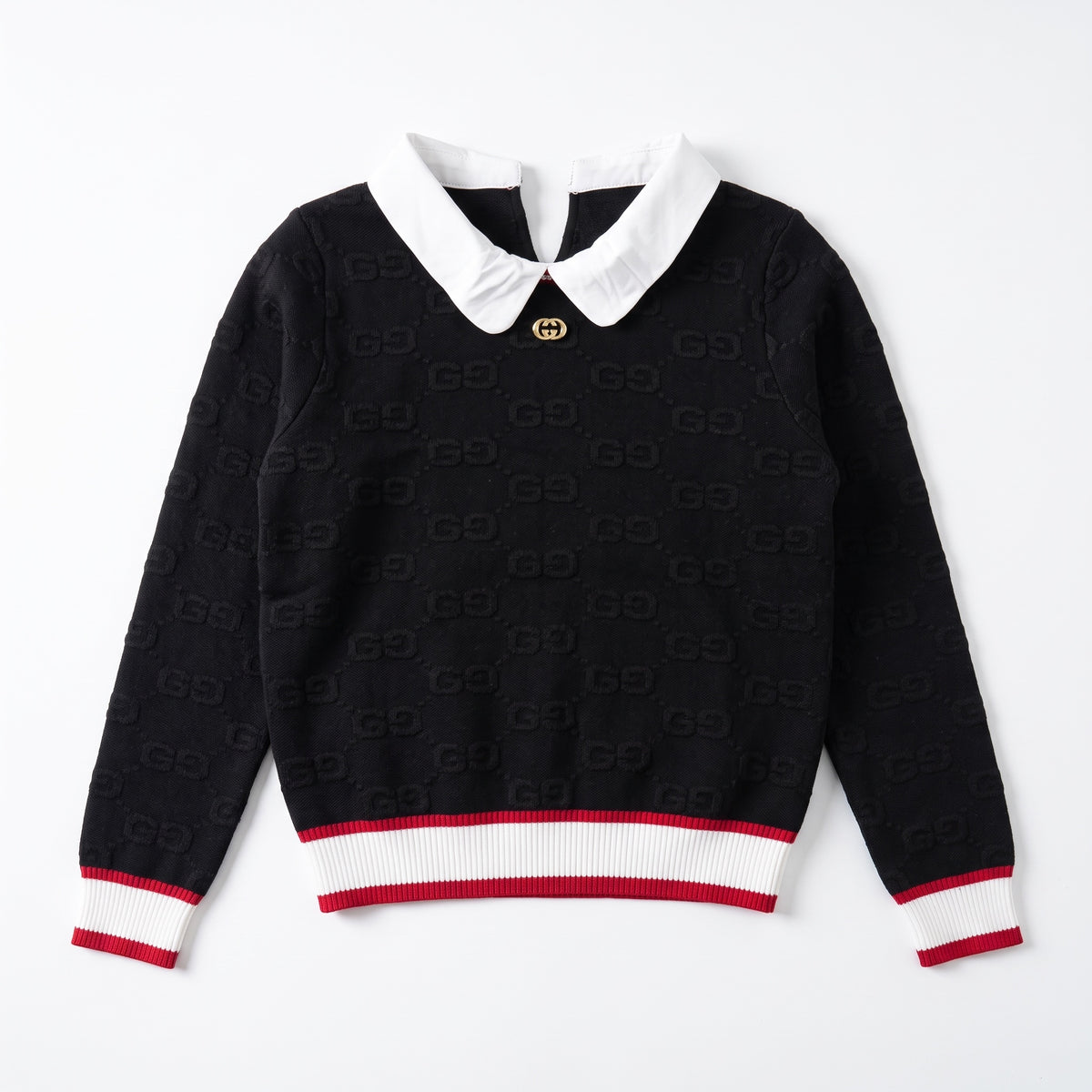 Black Gucci sweater with white Peter Pan collar, gold double G button and red/white ribbed hem