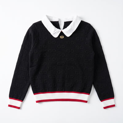 Black Gucci sweater with white Peter Pan collar, gold double G button and red/white ribbed hem