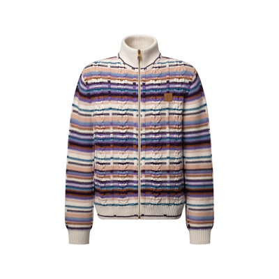Multicolor striped zip knit cardigan with ribbed collar and leather logo patch