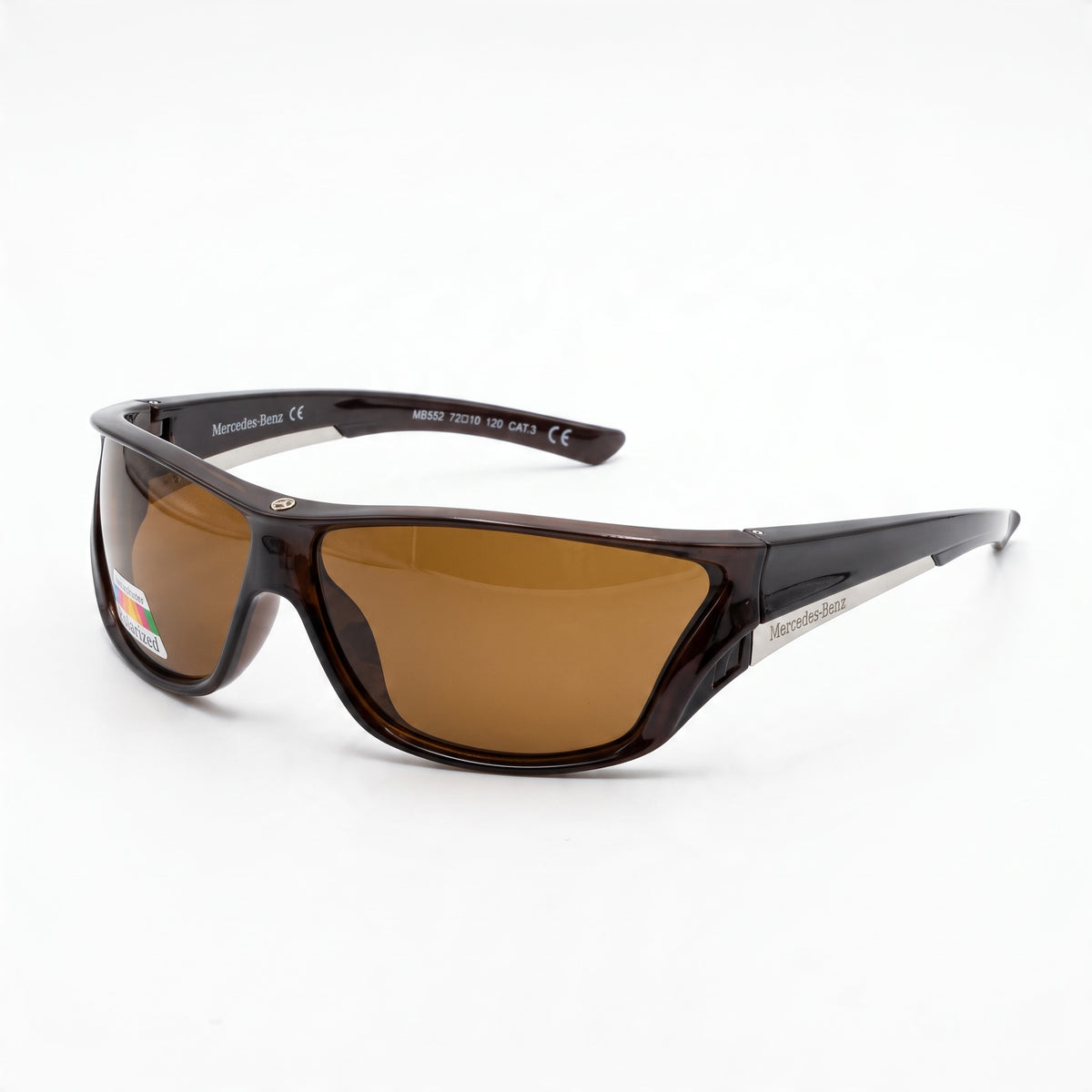 Mercedes-Benz brown shield sunglasses with polarized lenses and MB552 marking