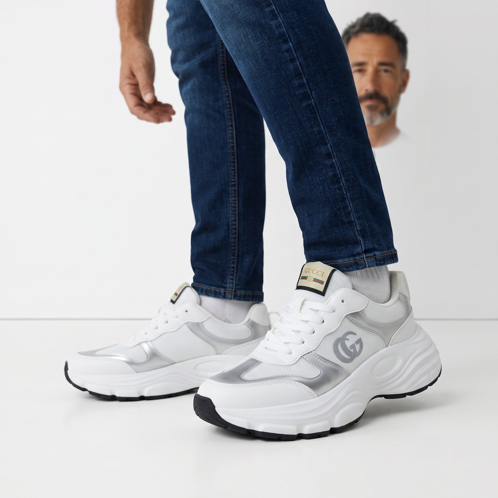 White and silver Gucci chunky sneakers with GG logo and platform sole