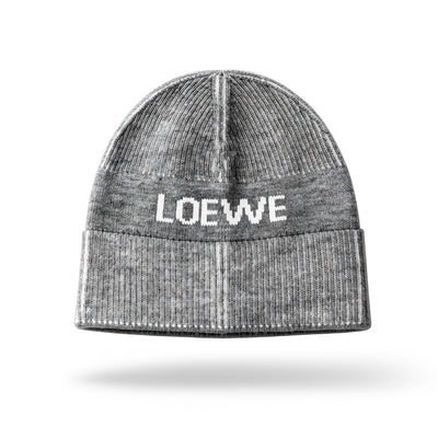 Grey Loewe knit beanie with white LOEWE logo on cuff
