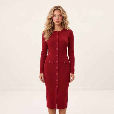 Balmain red ribbed button‑front midi dress with jeweled buttons