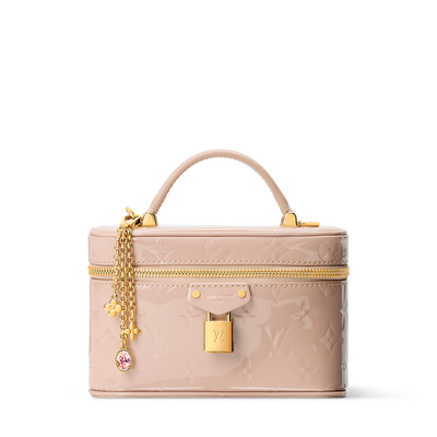 Louis Vuitton pale pink patent monogram vanity bag with top handle and gold lock