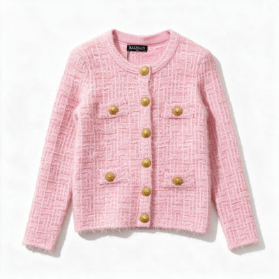 Balmain pink tweed bouclé cardigan with gold buttons