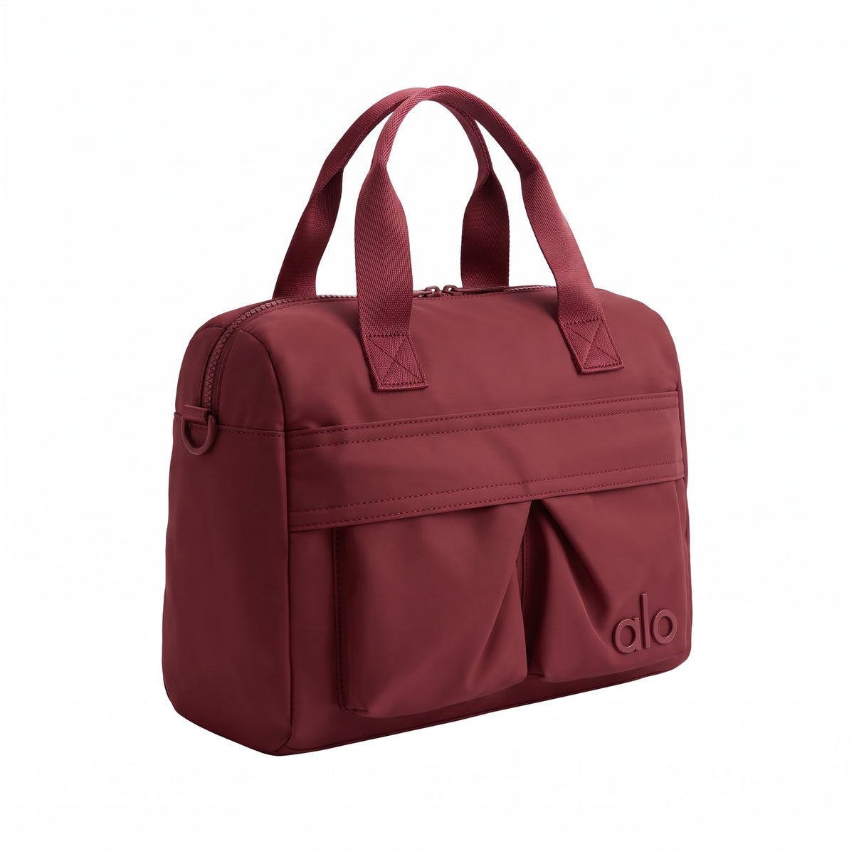 Alo burgundy carryall tote with dual front pockets and top handles