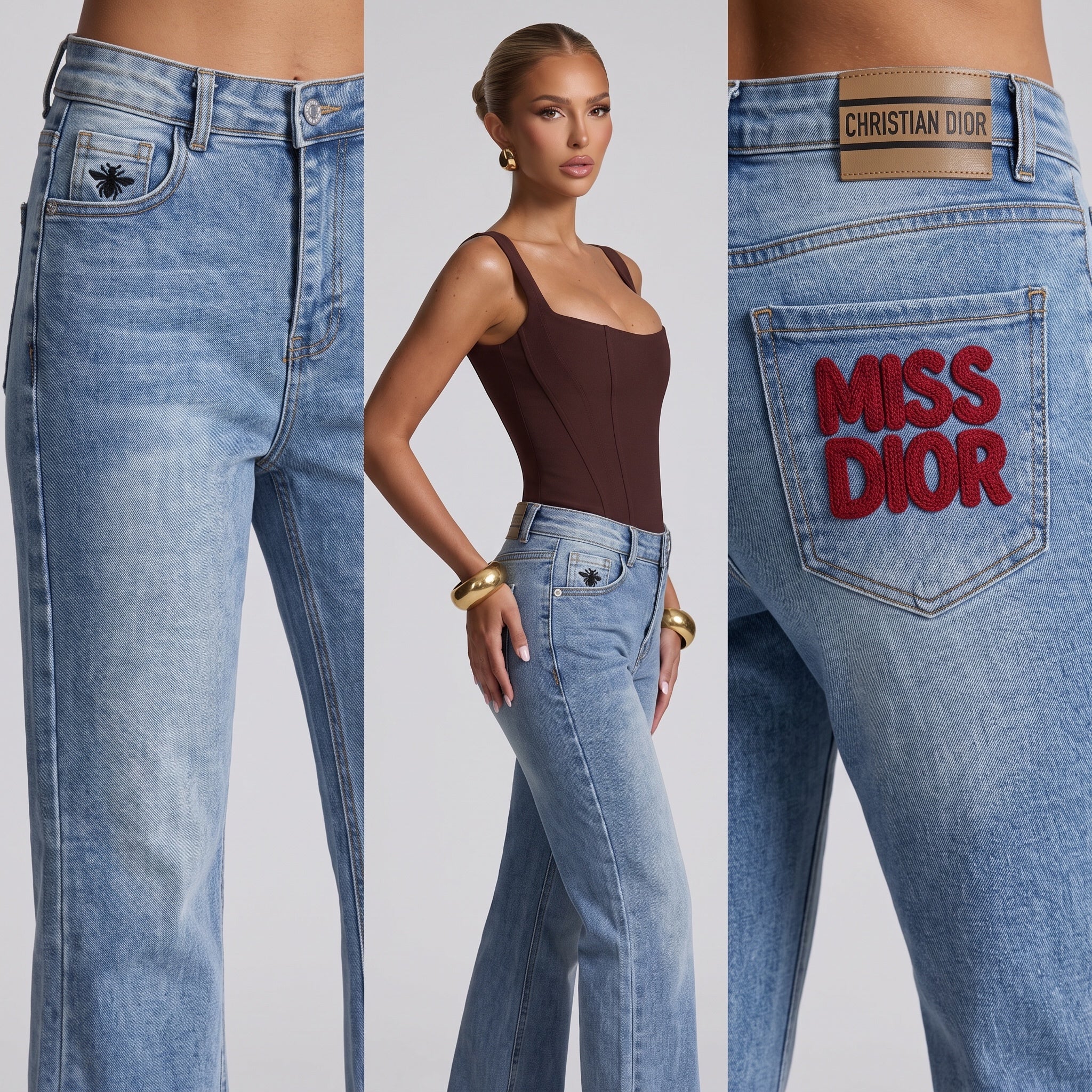 Light blue Christian Dior jeans with red MISS DIOR pocket embroidery and bee detail