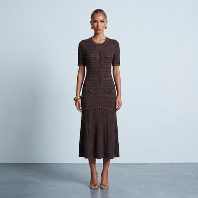 chocolate brown knit cardigan-style midi dress with pleated skirt and patch pockets