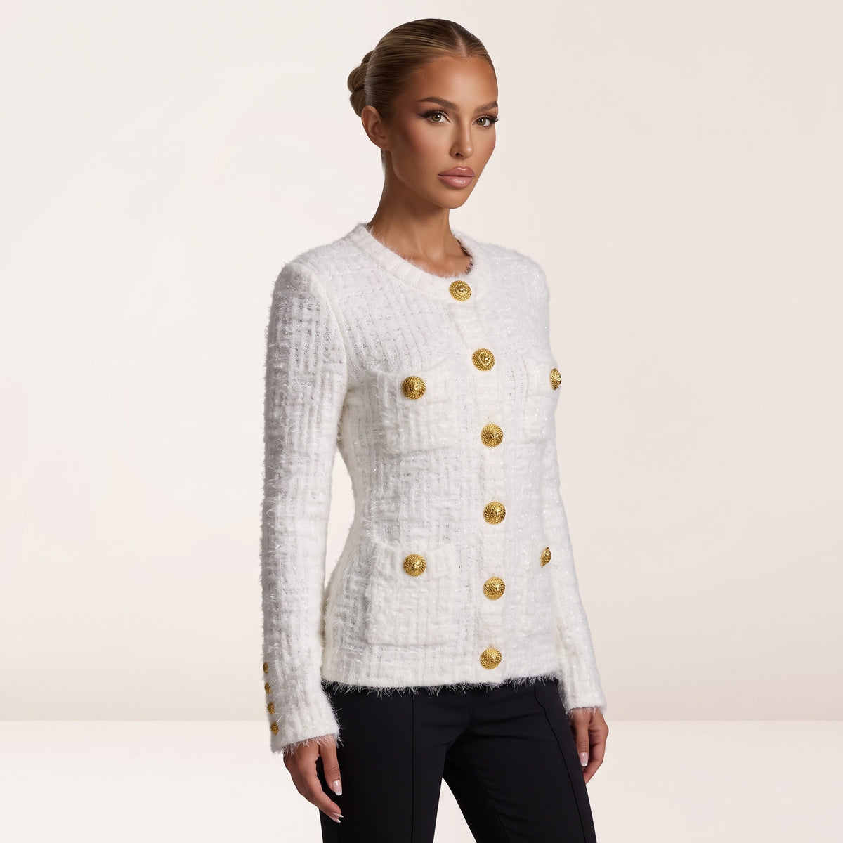 White Balmain tweed jacket with gold buttons and patch pockets