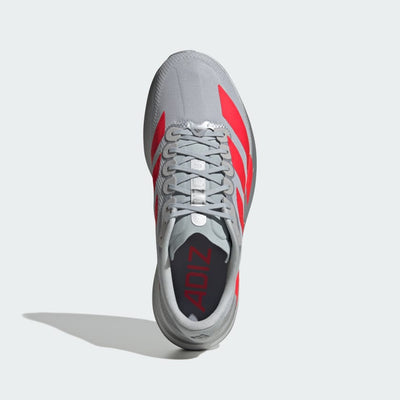 silver adidas adizero running shoe with solar red three stripes