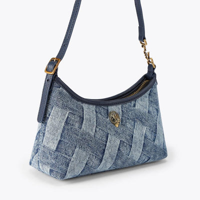 Kurt Geiger denim weave shoulder bag with navy trim and gold hardware