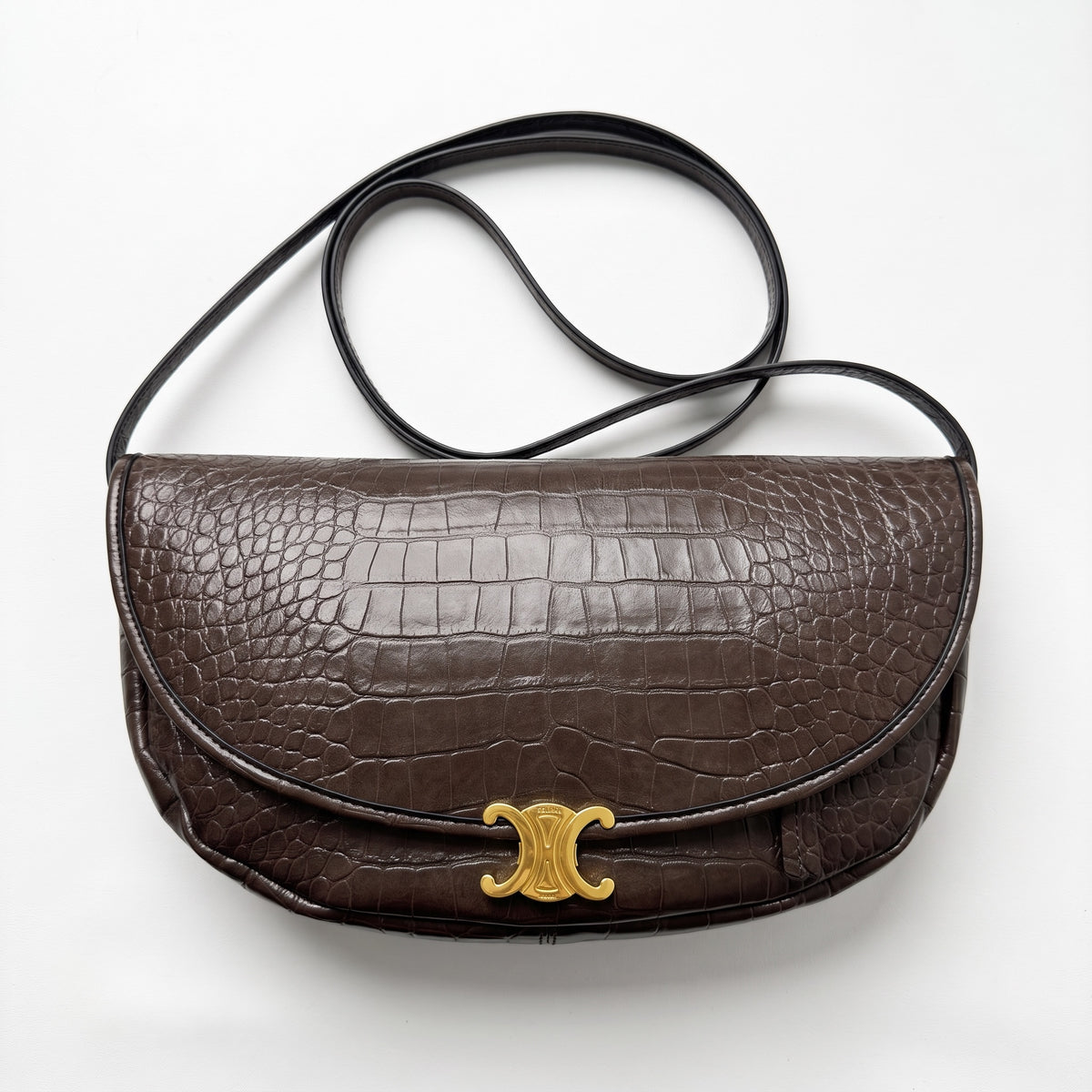 Dark brown Celine croc-effect shoulder bag with gold Triomphe clasp