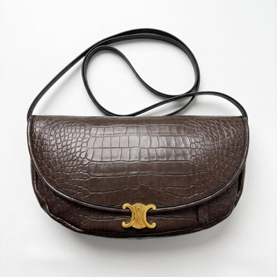 Dark brown Celine croc-effect shoulder bag with gold Triomphe clasp