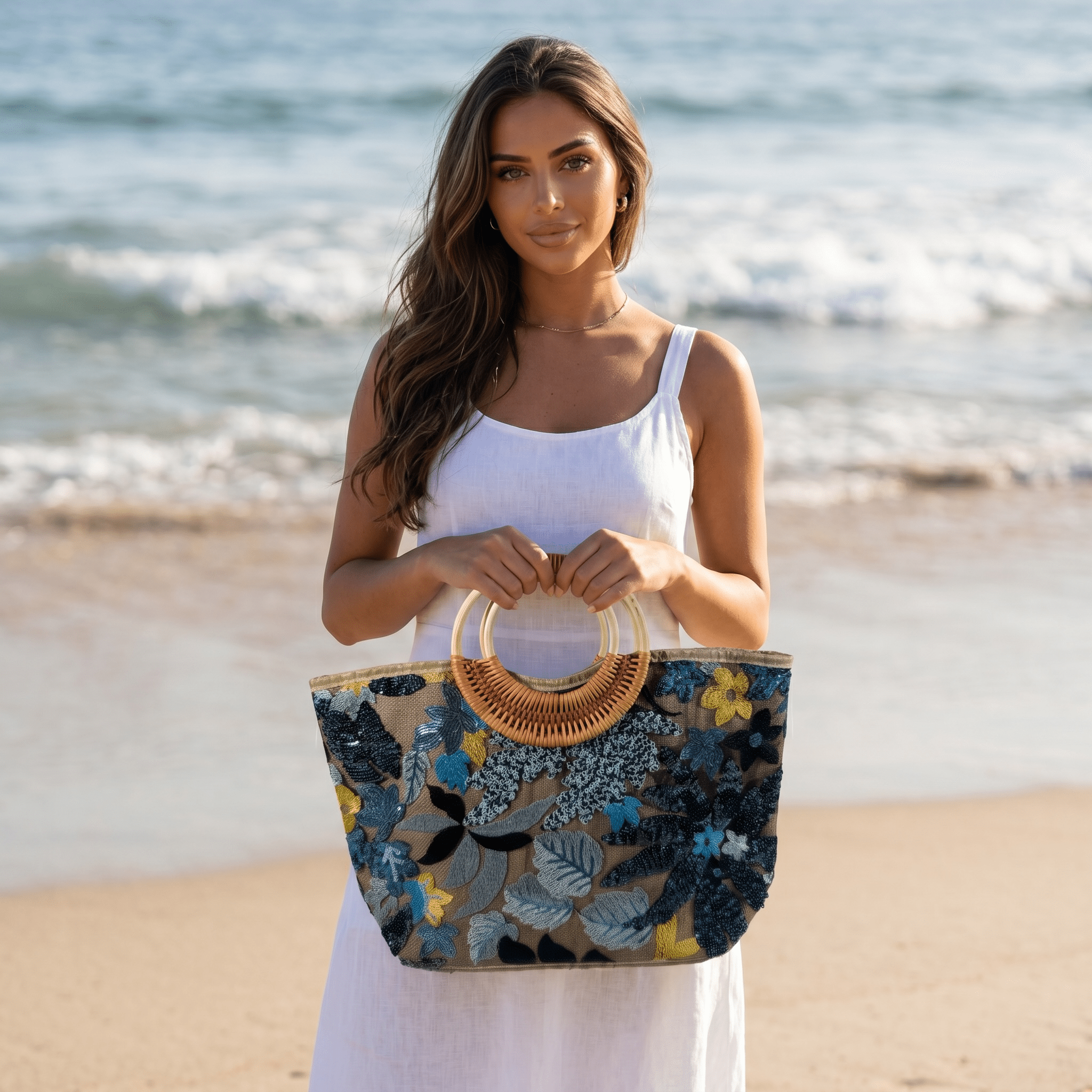💙 Blue Floral Sequin Beach Tote Bag | Elegant Summer Resort Handbag 🌊✨ - MASTERPIECE