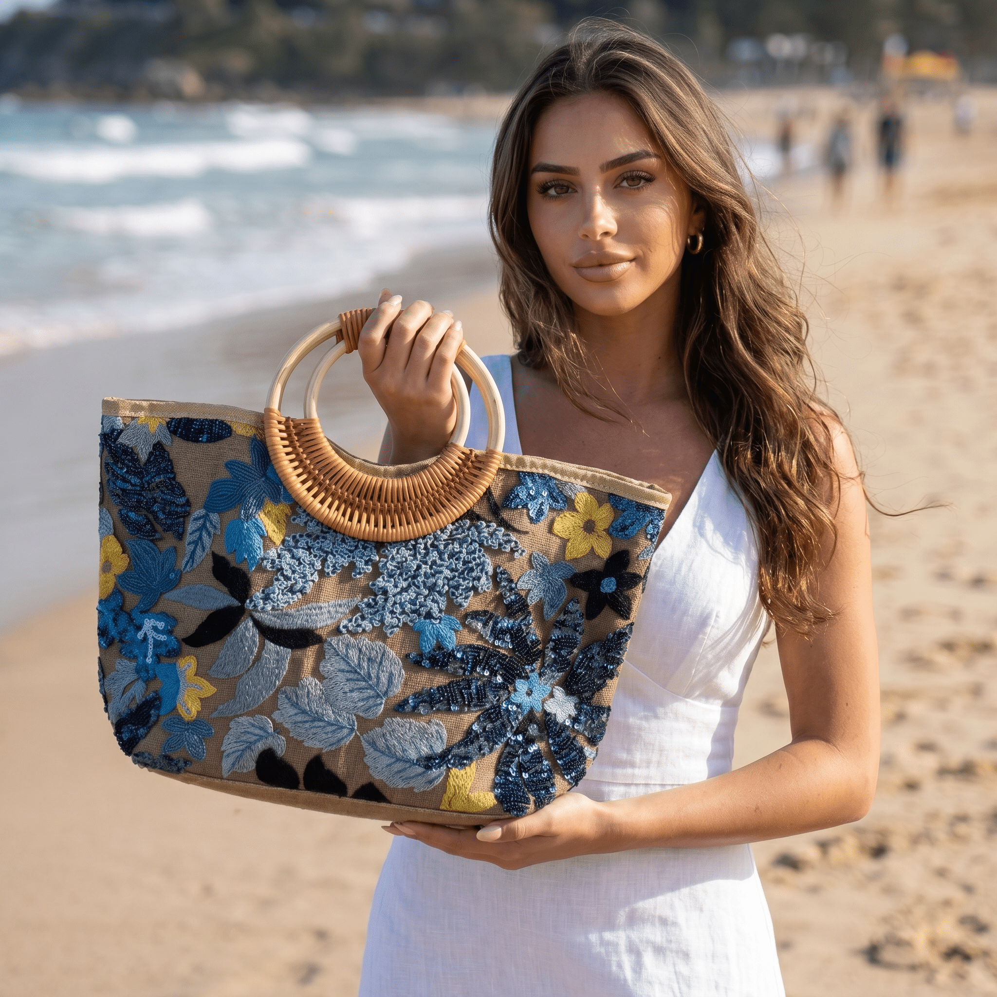 💙 Blue Floral Sequin Beach Tote Bag | Elegant Summer Resort Handbag 🌊✨ - MASTERPIECE