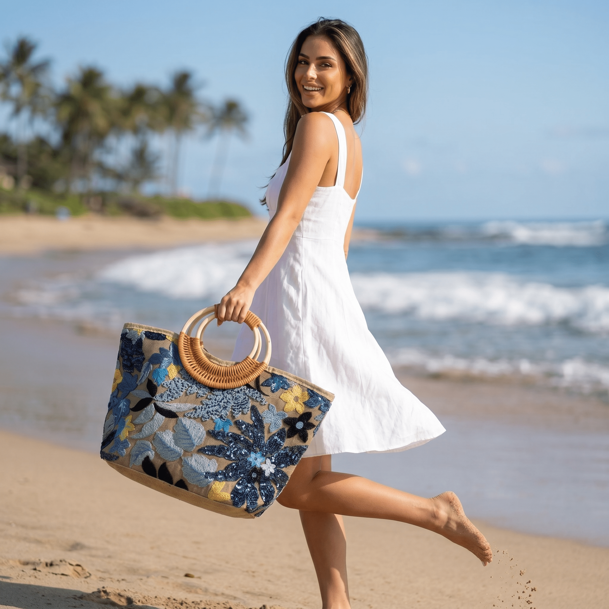 💙 Blue Floral Sequin Beach Tote Bag | Elegant Summer Resort Handbag 🌊✨ - MASTERPIECE