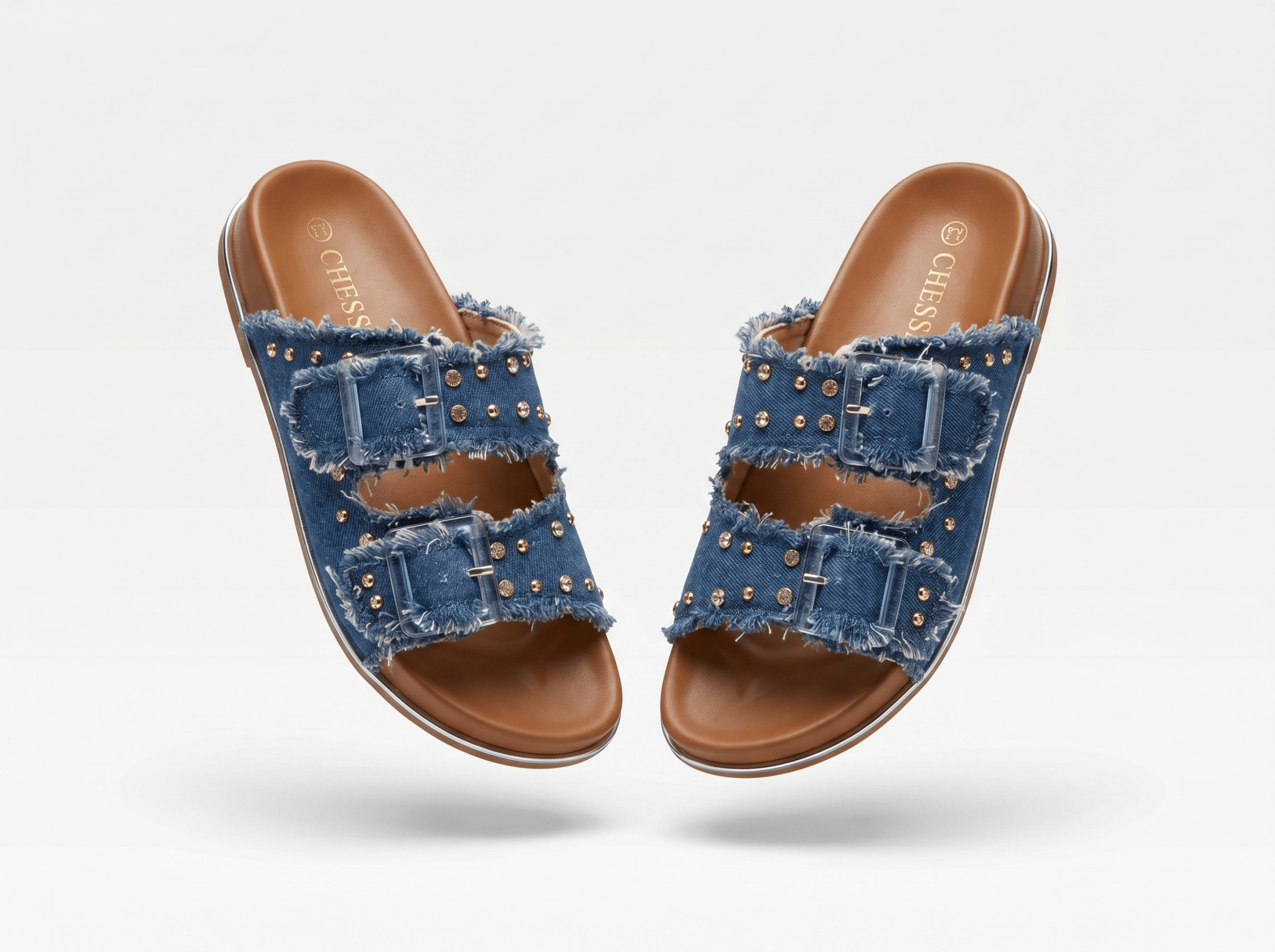Boho Luxe Studded Dark Denim Double-Strap Slide Sandals 💙✨👡 - MASTERPIECE