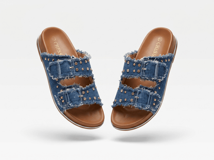 Boho Luxe Studded Dark Denim Double-Strap Slide Sandals 💙✨👡 - MASTERPIECE