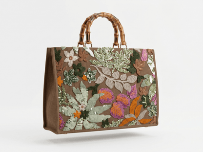 Botanical Embroidered Bamboo Handle Tote 🌿🌸👜 - MASTERPIECE
