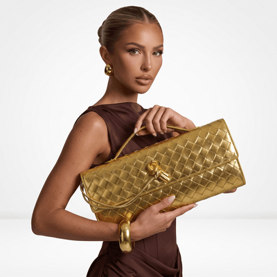 Bottega Veneta Gold Intrecciato Knot Clutch – Luxury Evening Handbag - MASTERPIECE
