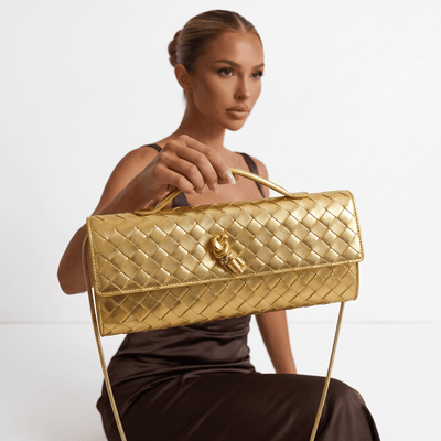 Bottega Veneta Gold Intrecciato Knot Clutch – Luxury Evening Handbag - MASTERPIECE