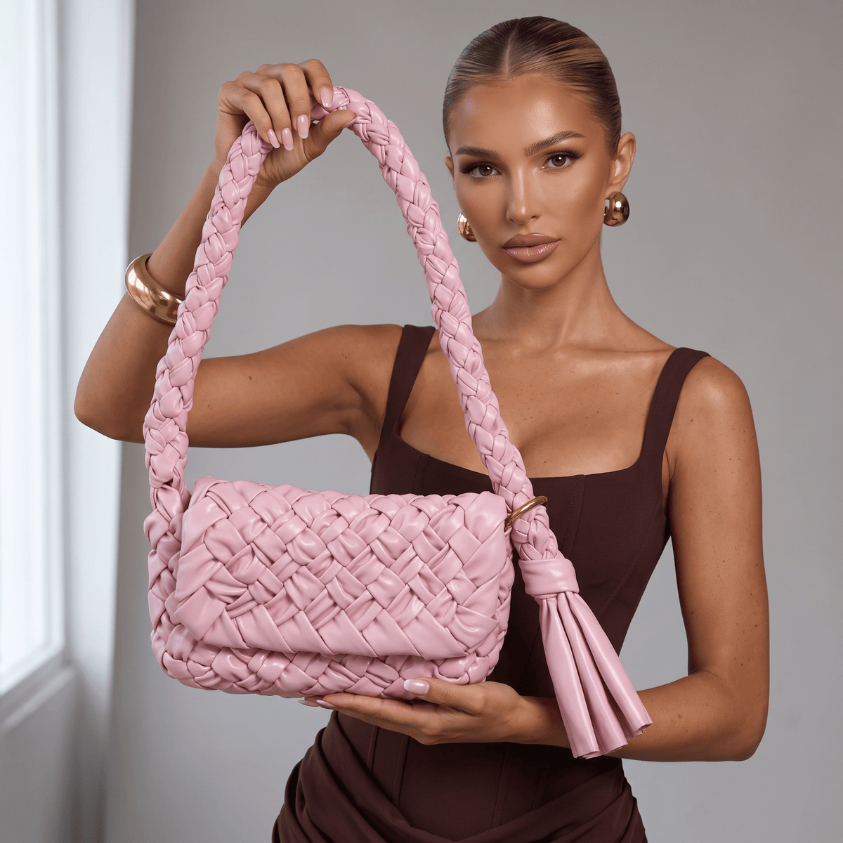 Bottega Veneta Handmade Woven Shoulder Bag — Pink