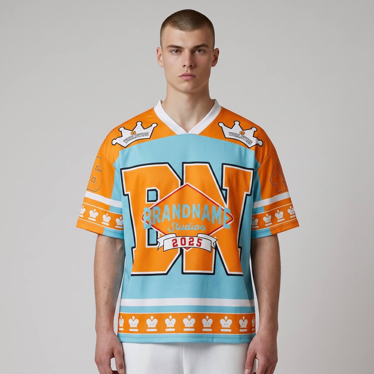 👑 Brandname Studios Oversized Varsity Jersey – Premium Streetwear Edition 💙🧡 - MASTERPIECE