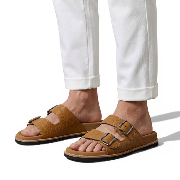Brunello Cucinelli Tan Double Strap Slides – Premium Italian Comfort Sandals