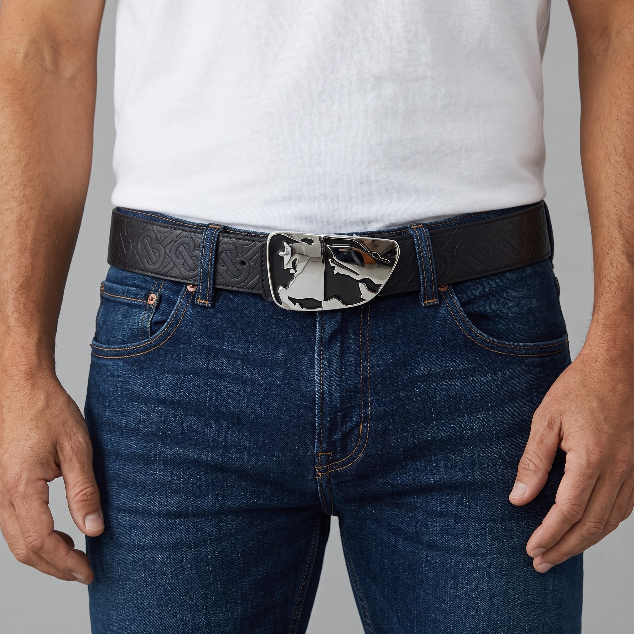 Burberry Belt – Black Embossed Monogram Belt 🖤✨115 cm - MASTERPIECE