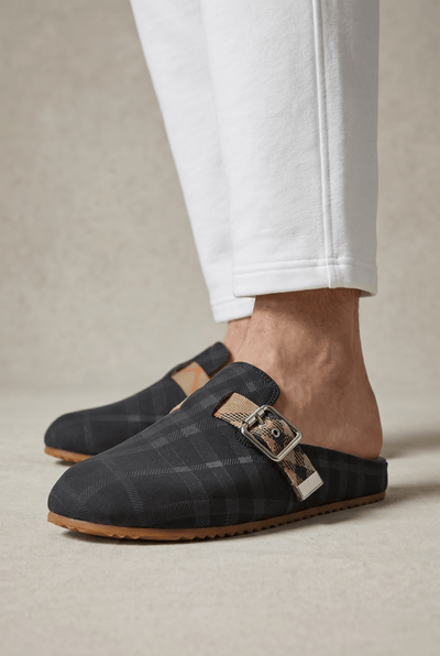 Burberry Black Check Slip-On Clogs with Buckle – Luxury Minimal Slides 🖤✨ - MASTERPIECE