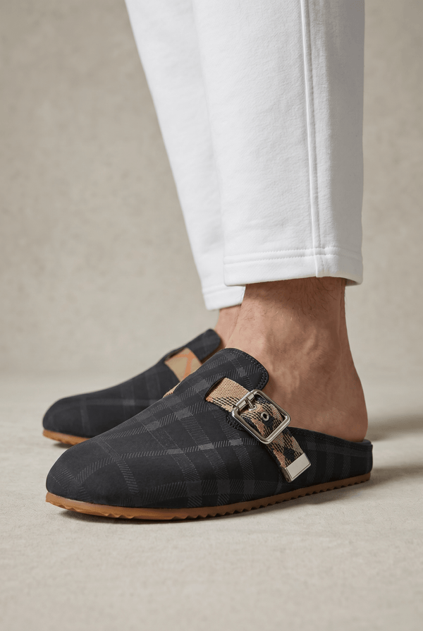Burberry Black Check Slip-On Clogs with Buckle – Luxury Minimal Slides 🖤✨