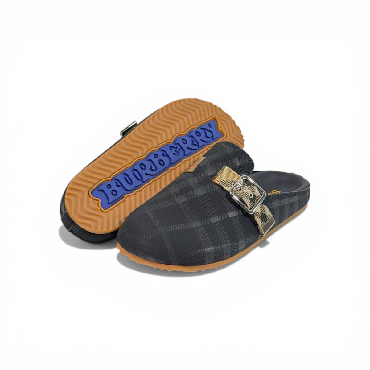 Burberry Black Check Slip-On Clogs with Buckle – Luxury Minimal Slides 🖤✨ - MASTERPIECE